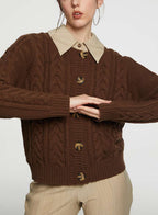 Crewneck Buttoned Cable-knit Cardigan - Coffee, L image
