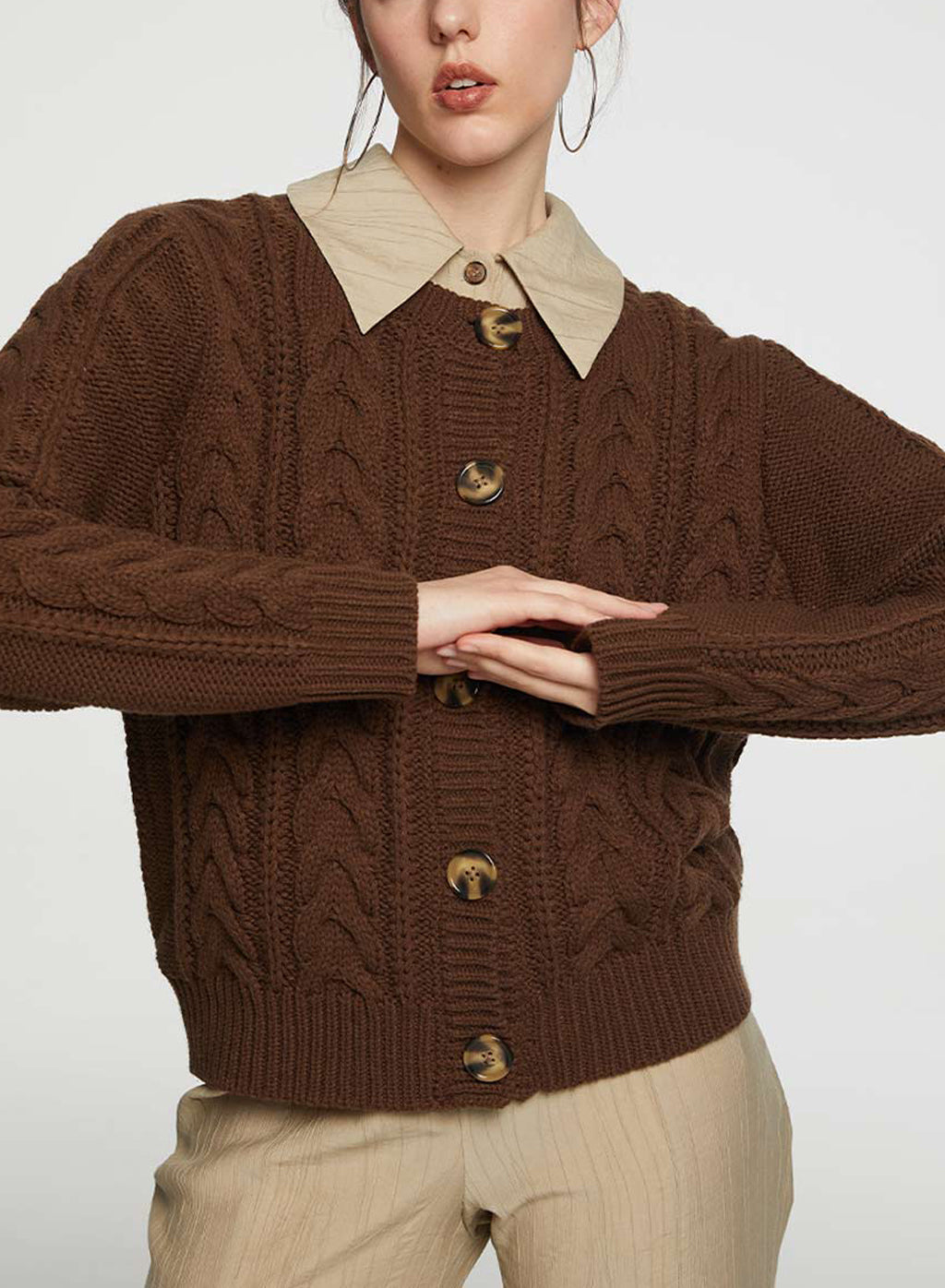 Crewneck Buttoned Cable-knit Cardigan - Coffee, L image