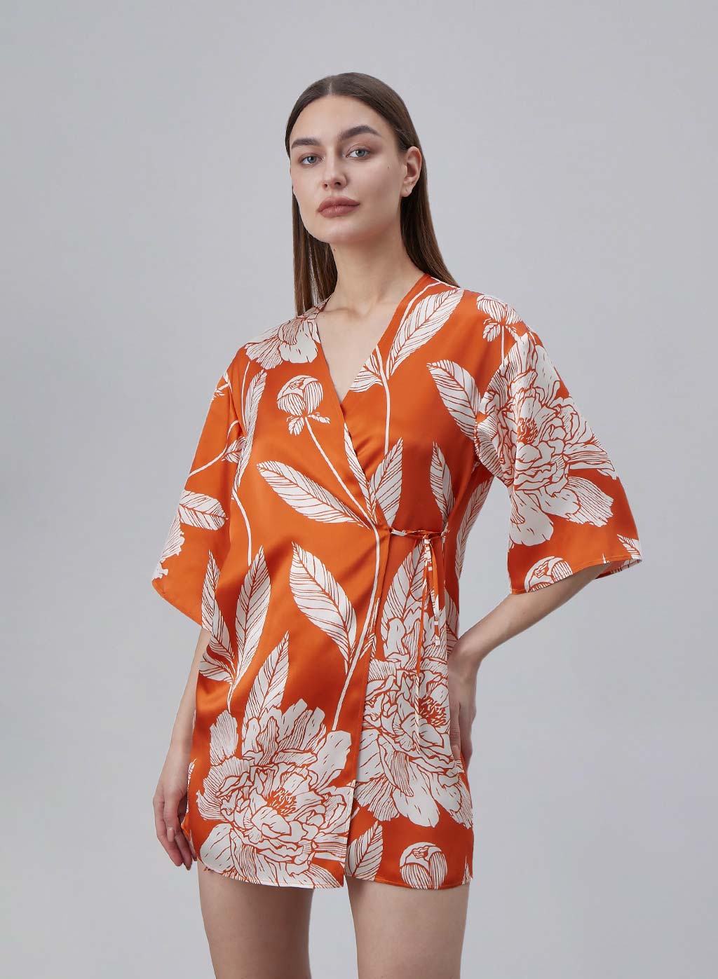 One Side Drawstring Silk Kimono Top image 1