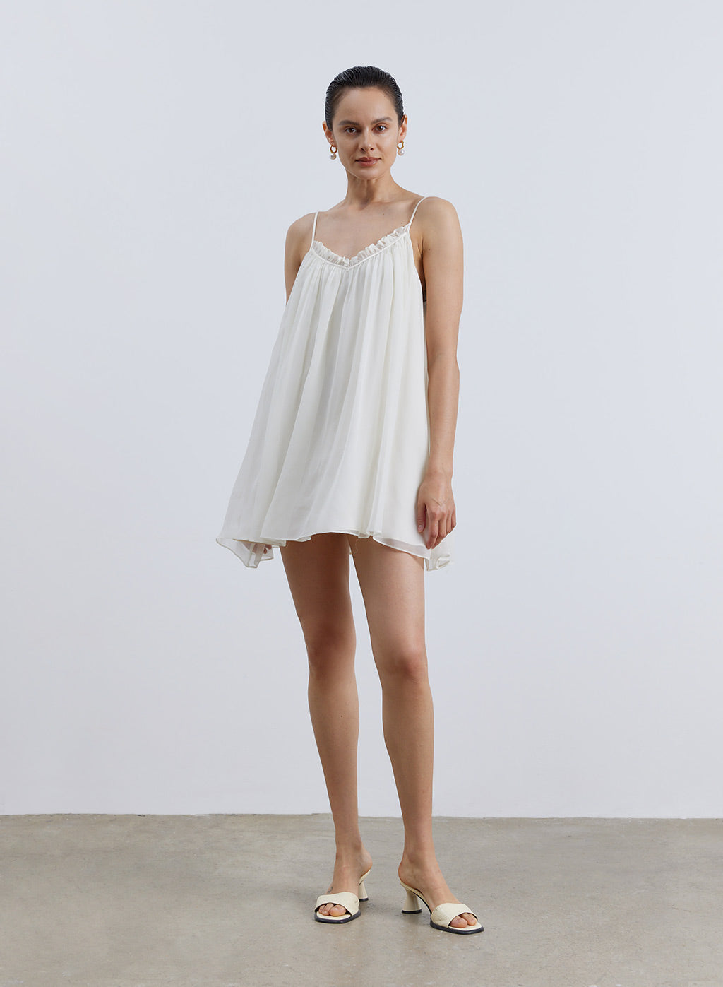 Pleated Back Drawstring Silk Slip Dress - Ivory, XS image