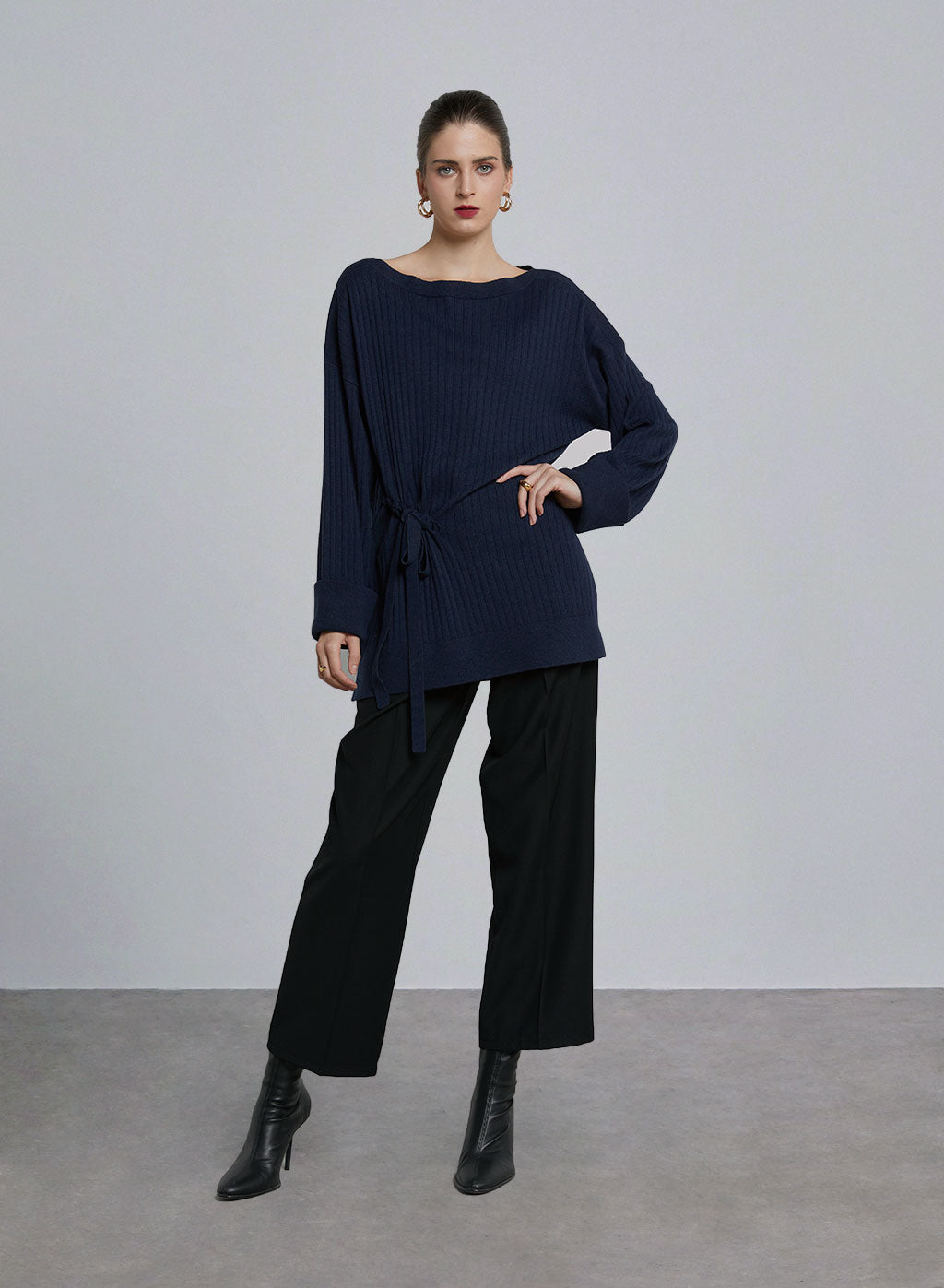 Knitted Boatneck Long Sleeve Top - Aegean, S image
