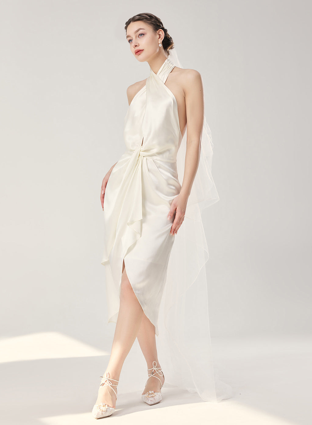 Double Twist Knot Draped Silk Halter Dress