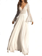Lace Splicing Deep V-Neck Flared Sleeve Dress