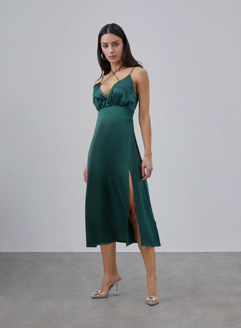 Front Cross Straps Silk Slip Dress