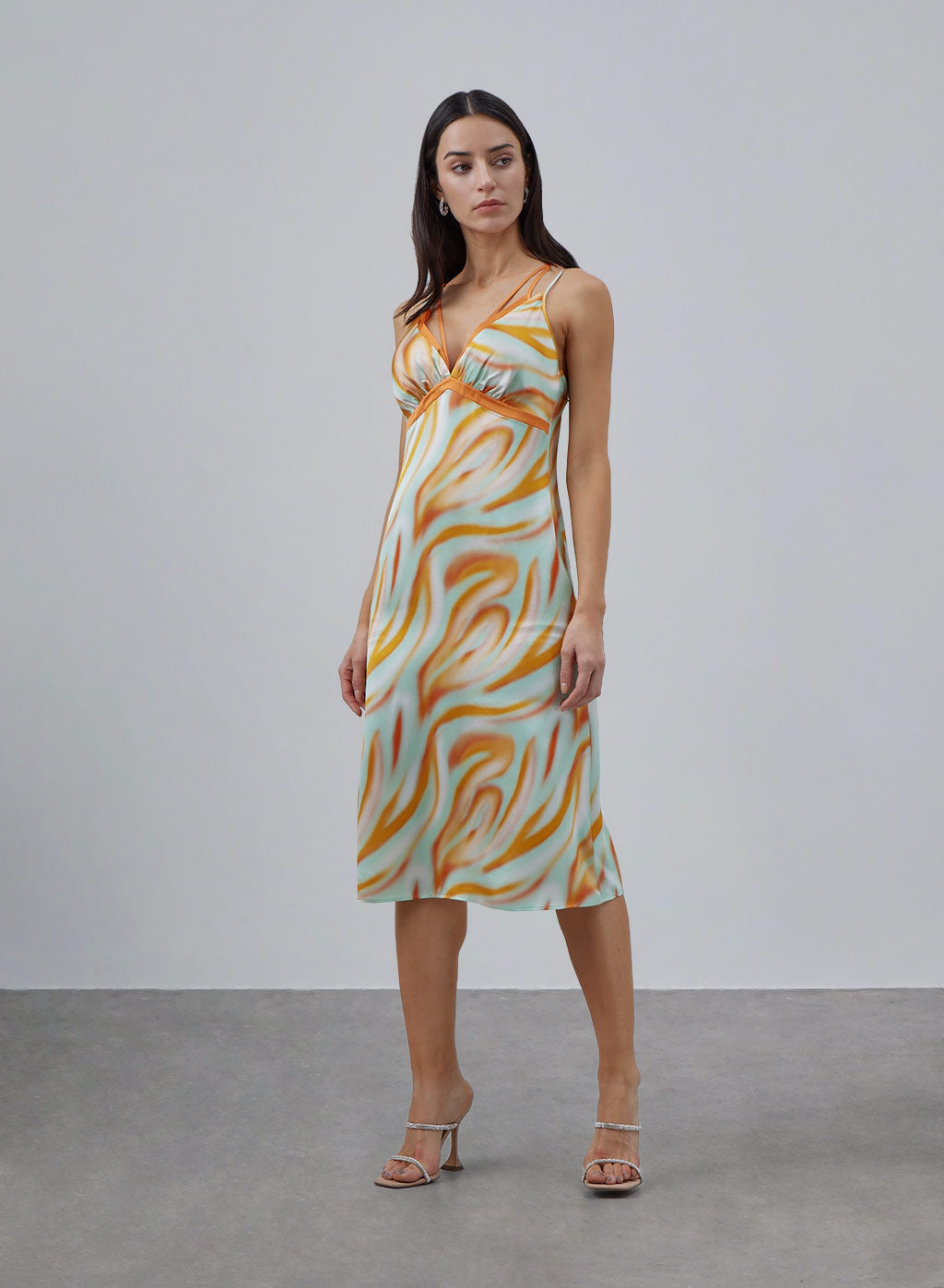 Double Straps Print Midi Silk Slip Dress