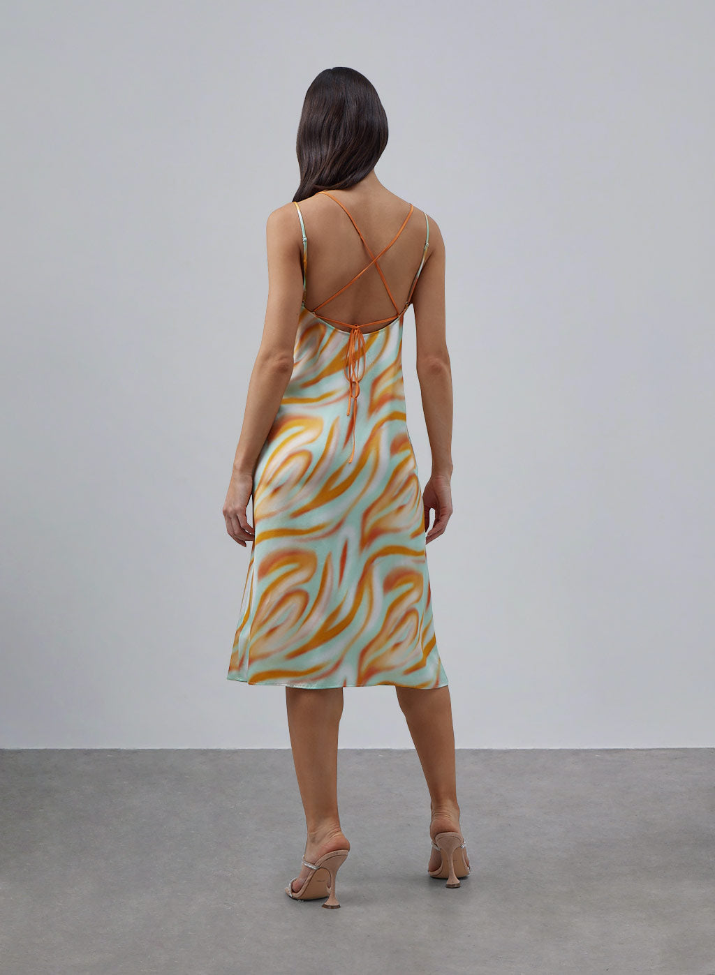 Double Straps Print Midi Silk Slip Dress