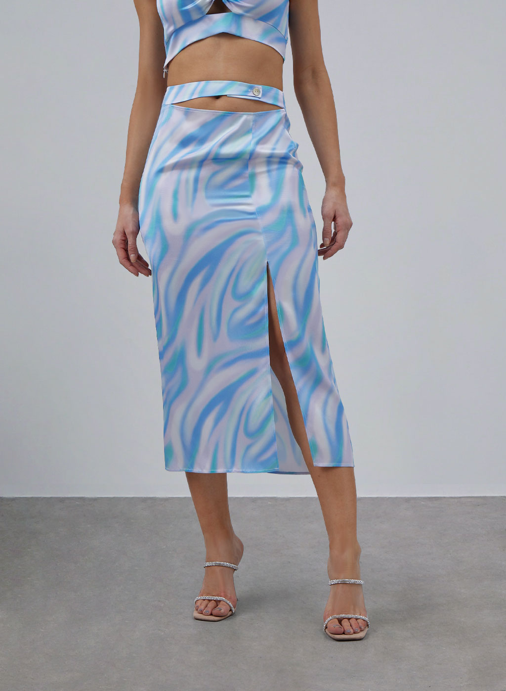 Cut-out Front Slit Silk Midi Skirt