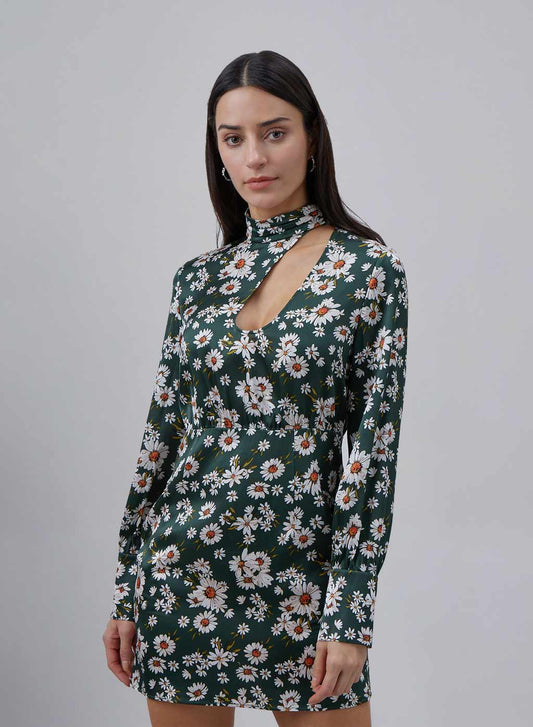 Asymmetric Cut-Out Long Sleeve Silk Mini Dress