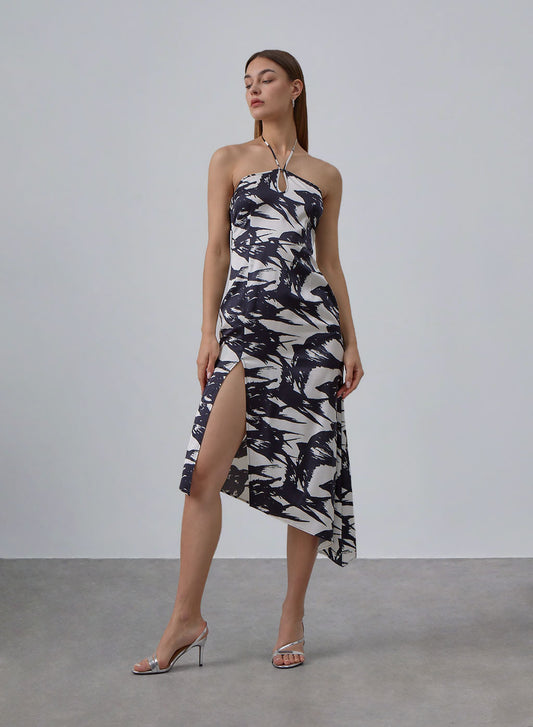 Swallow Silk Halter Midi Dress with Slit