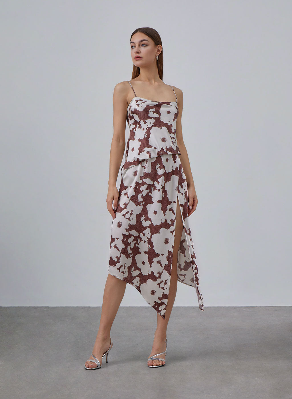 Draped Floral Print Silk Slip Dress