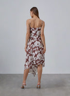 Draped Floral Print Silk Slip Dress