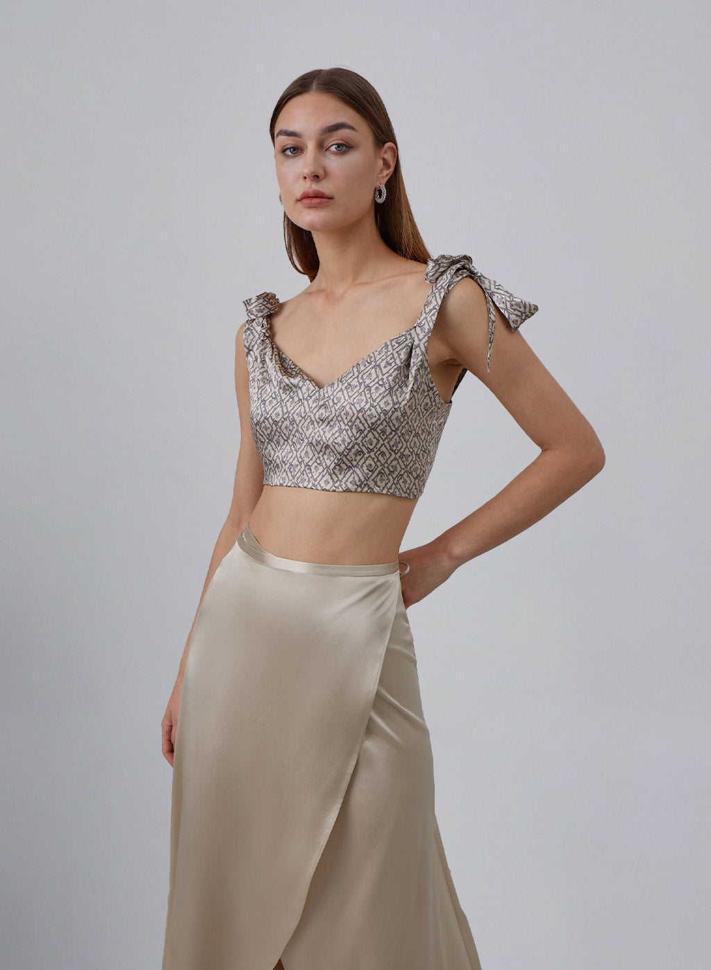 Geometric Print Tie-Strap Silk Cropped Top