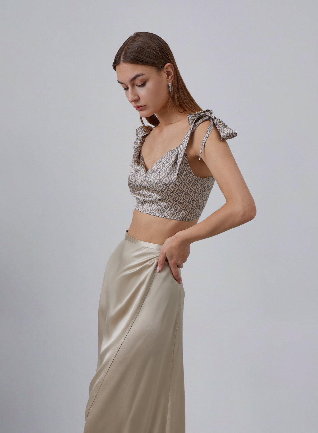 Geometric Print Tie-Strap Silk Cropped Top