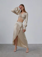 Ruched Front Long Sleeve Cropped Silk Top