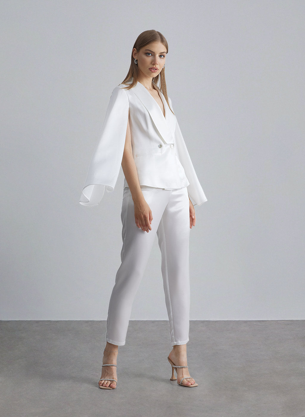 Shawl Lapel Satin Cape Blazer - Pearl White, L image