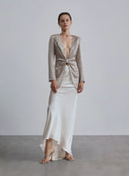 Plunge Neckline Waist Knotted Silk Top - Silver Birch, S image
