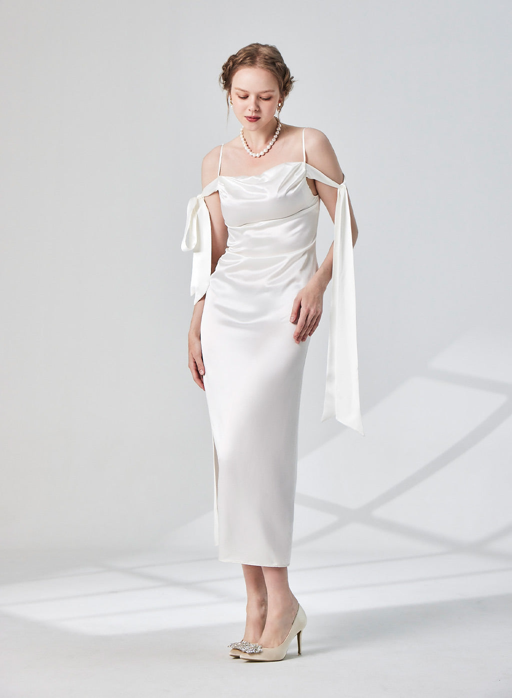 Off the Shoulder Bow Tied Straps Silk Dress image 0