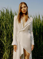 Diagonal Placket Satin Wrap Dress - Pearl White, XS image