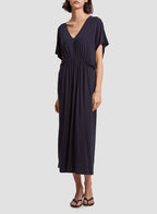 Pleated Short Sleeve Kaftan Dress - Dark Blue, S image