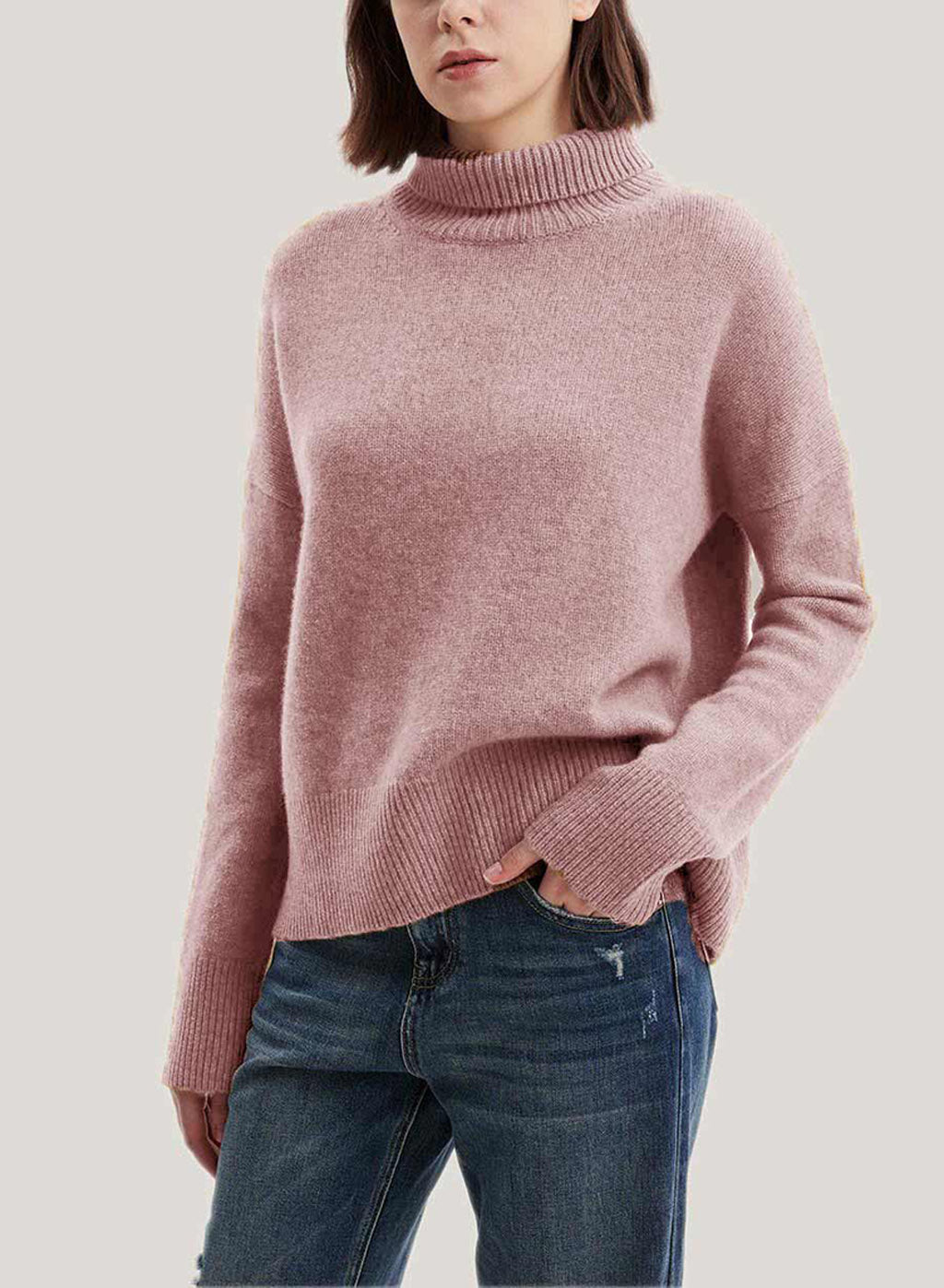 Roll-Neck Pure Cashmere Pullover Sweater - Ash Rose, XS image