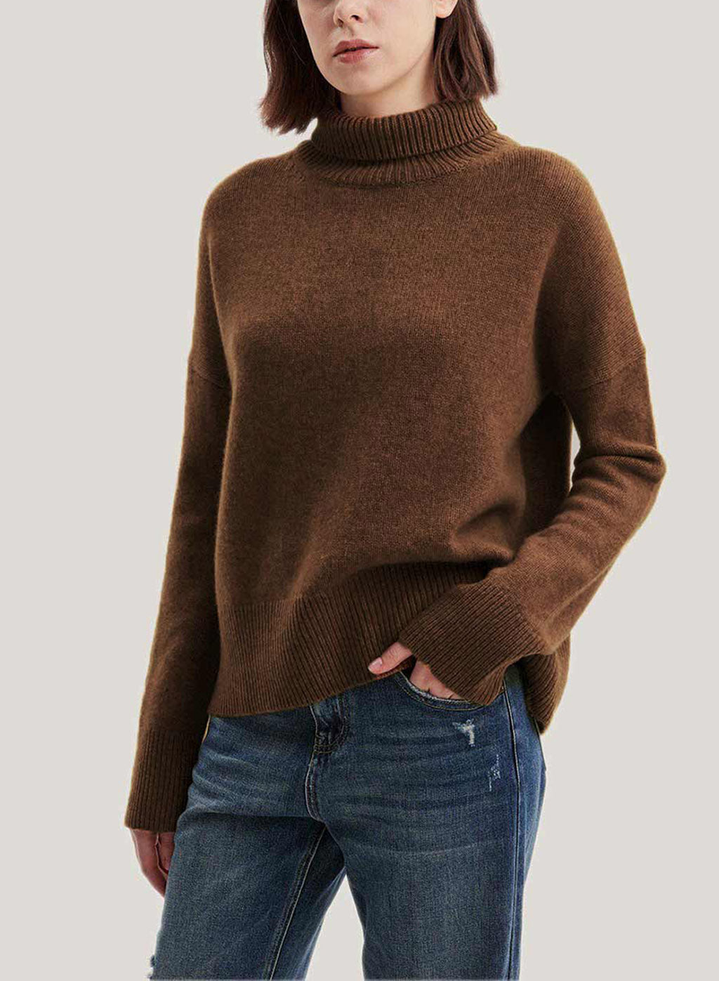 Roll-Neck Pure Cashmere Pullover Sweater - Brown, M image