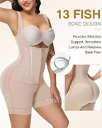 High-Compression Front Zipper Mid-Thigh Shapewear with Built-In Bra