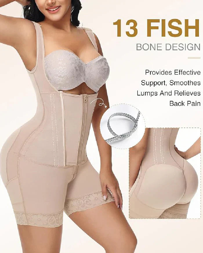 High-Compression Front Zipper Mid-Thigh Shapewear with Built-In Bra