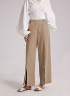 Wide Leg Split Pants - Khaki, M image
