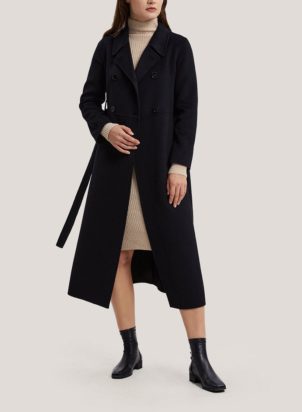 Belted Double-Breasted Pure Cashmere Coat - Black, L image