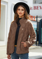 Stand-up Collar Plush Jacket Winter Long-sleeved Loose Zipper Cardigan Fashion Solid Color Checkerboard Design Coat Women Outwear image 7