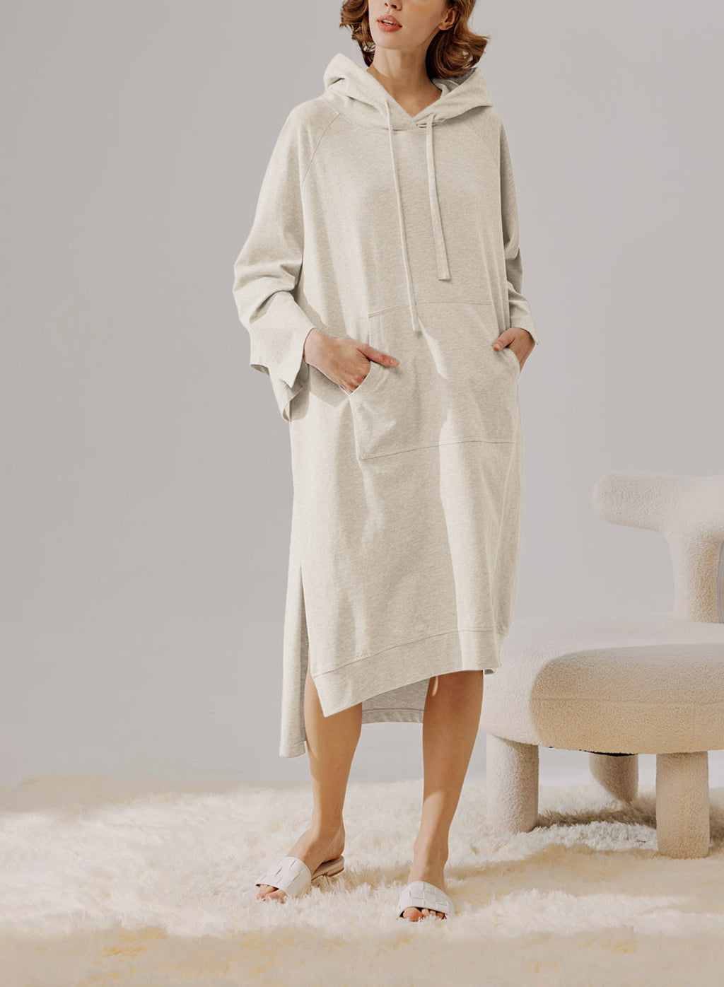 Oversized Hooded Cotton Dress - Cream, M image