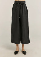 100% Linen Checked Drawstring-Waist Wide Pants image 0