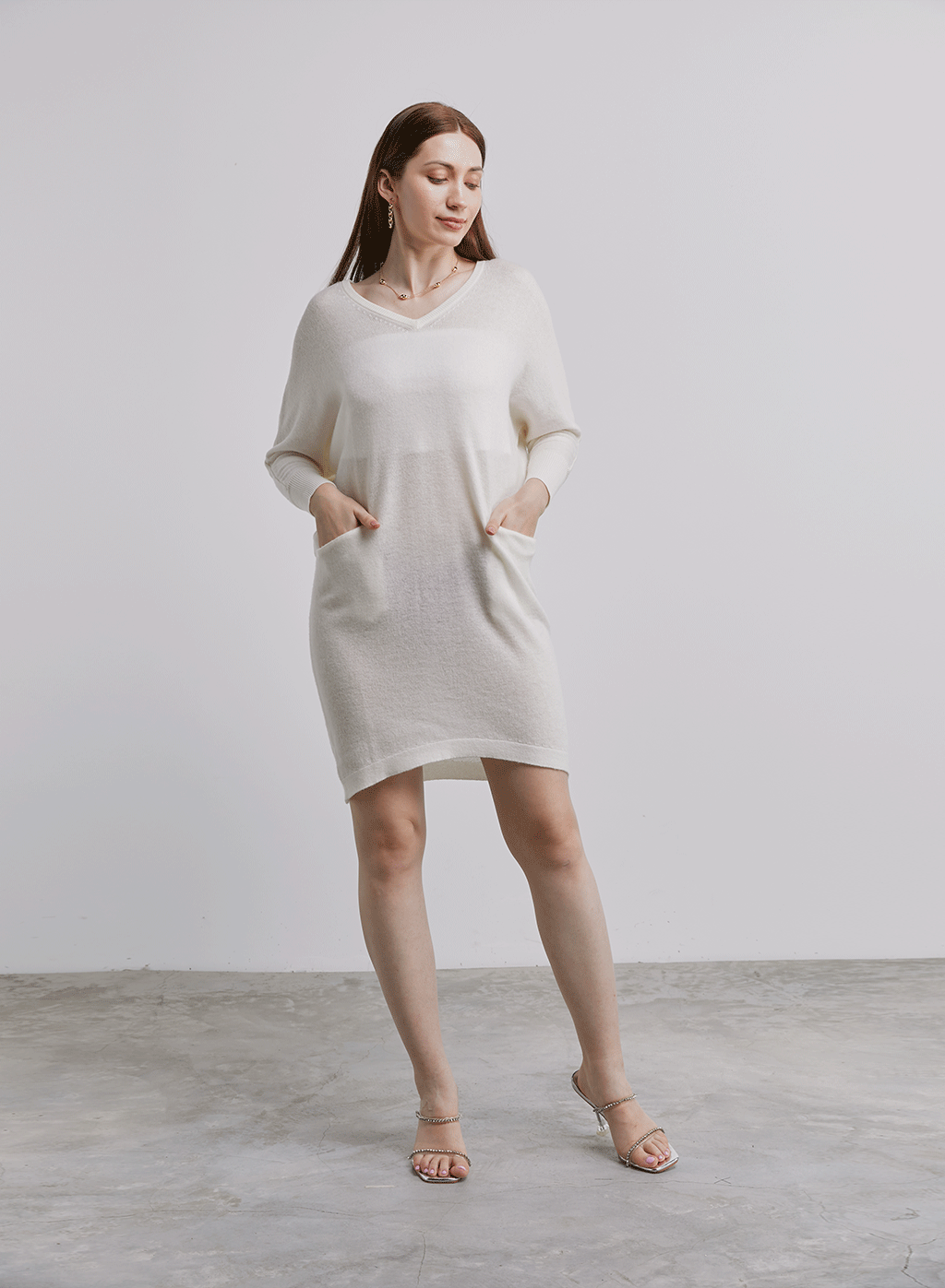 Loose V-Neck Pure Wool Dress - Ivory, L image