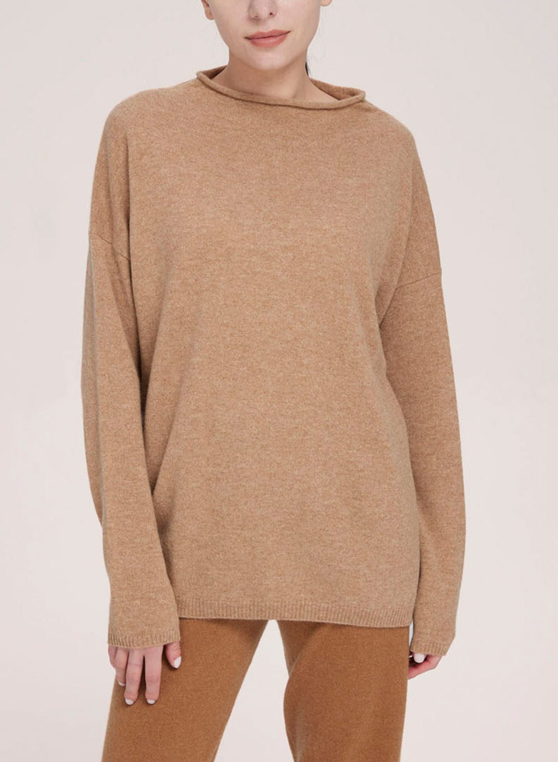Funnel-Neck Pure Wool Sweater - Camel, XL image