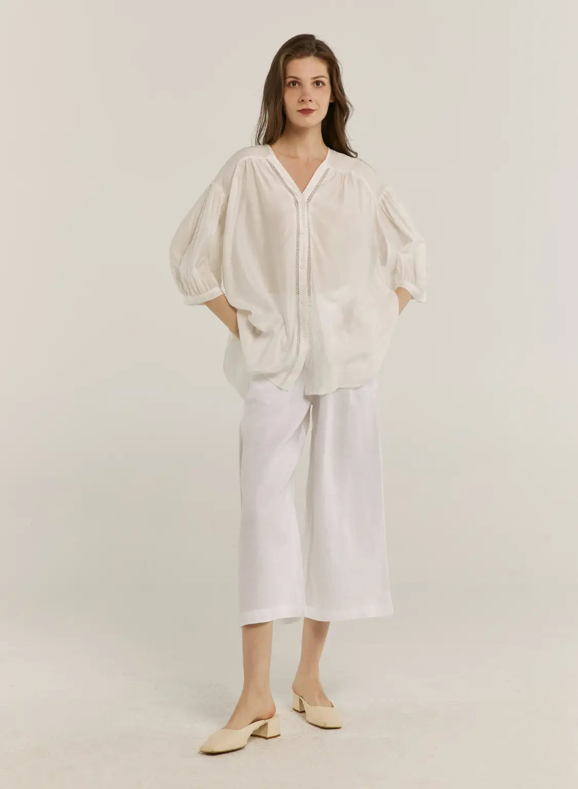 100% Linen Cropped Wide-Leg Pants image 1