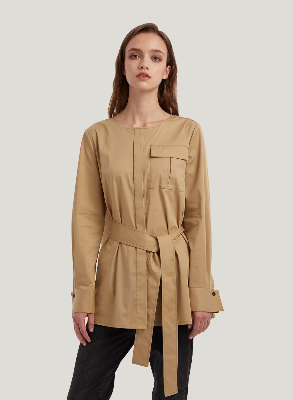 Self-Tie Belt Cotton-Blend Blouse