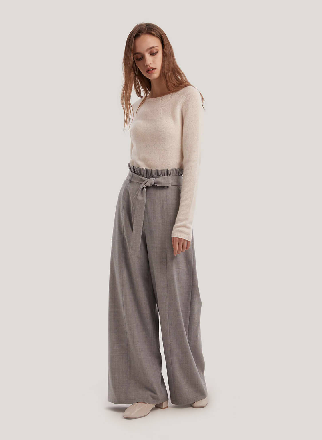 Belted Wide-Leg Wool-Blend Pants
