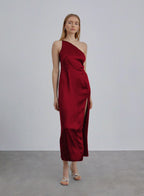 One Shoulder Side Slit Silk Dress