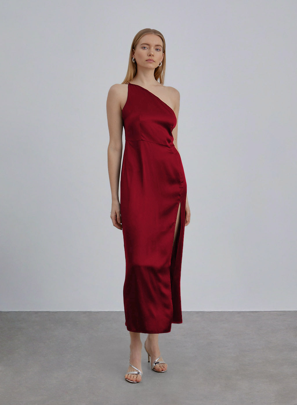 One Shoulder Side Slit Silk Dress