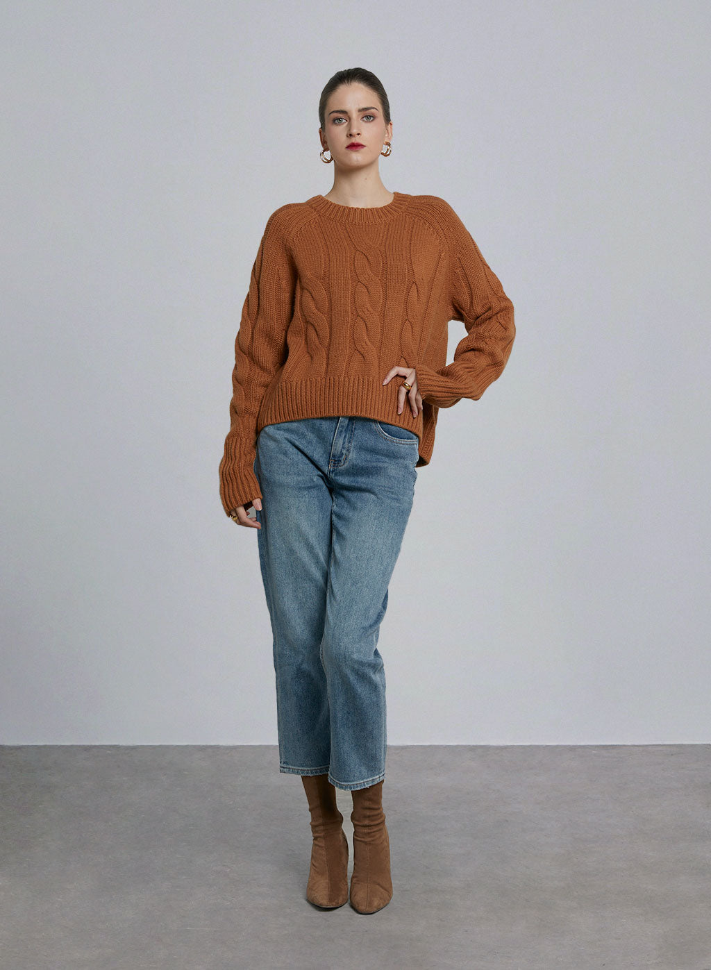 Cropped Cashmere Cable Knitted Sweater - Peanut Butter, S image