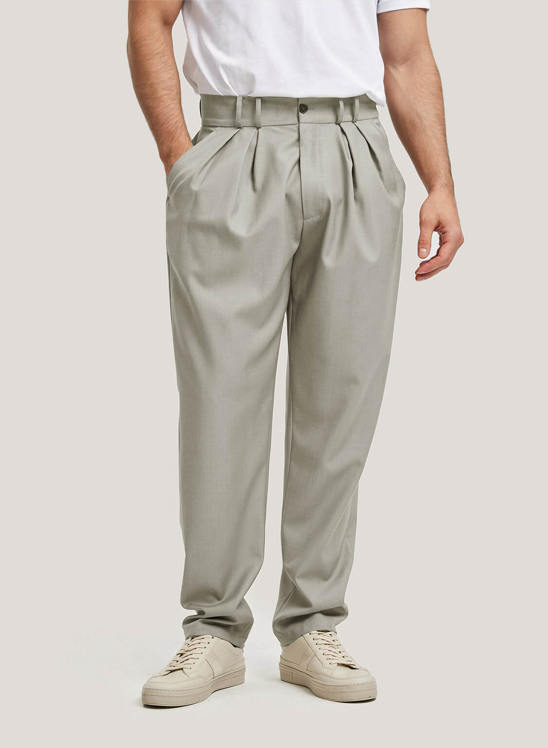 Tapered Pleated Wool Blend Trousers