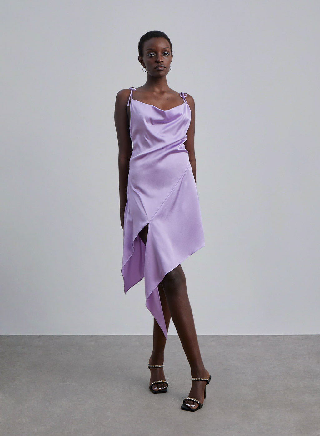 Cowl-Neck Asymmetrical-hem Silk Midi Dress