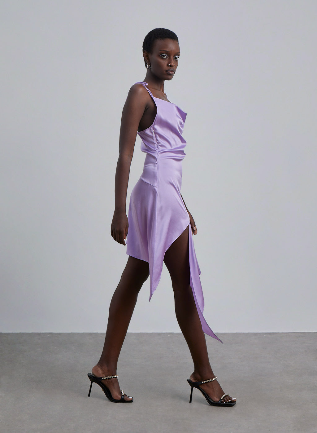 Cowl-Neck Asymmetrical-hem Silk Midi Dress