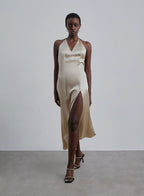 Front Slit V-neck Silk Midi Dress