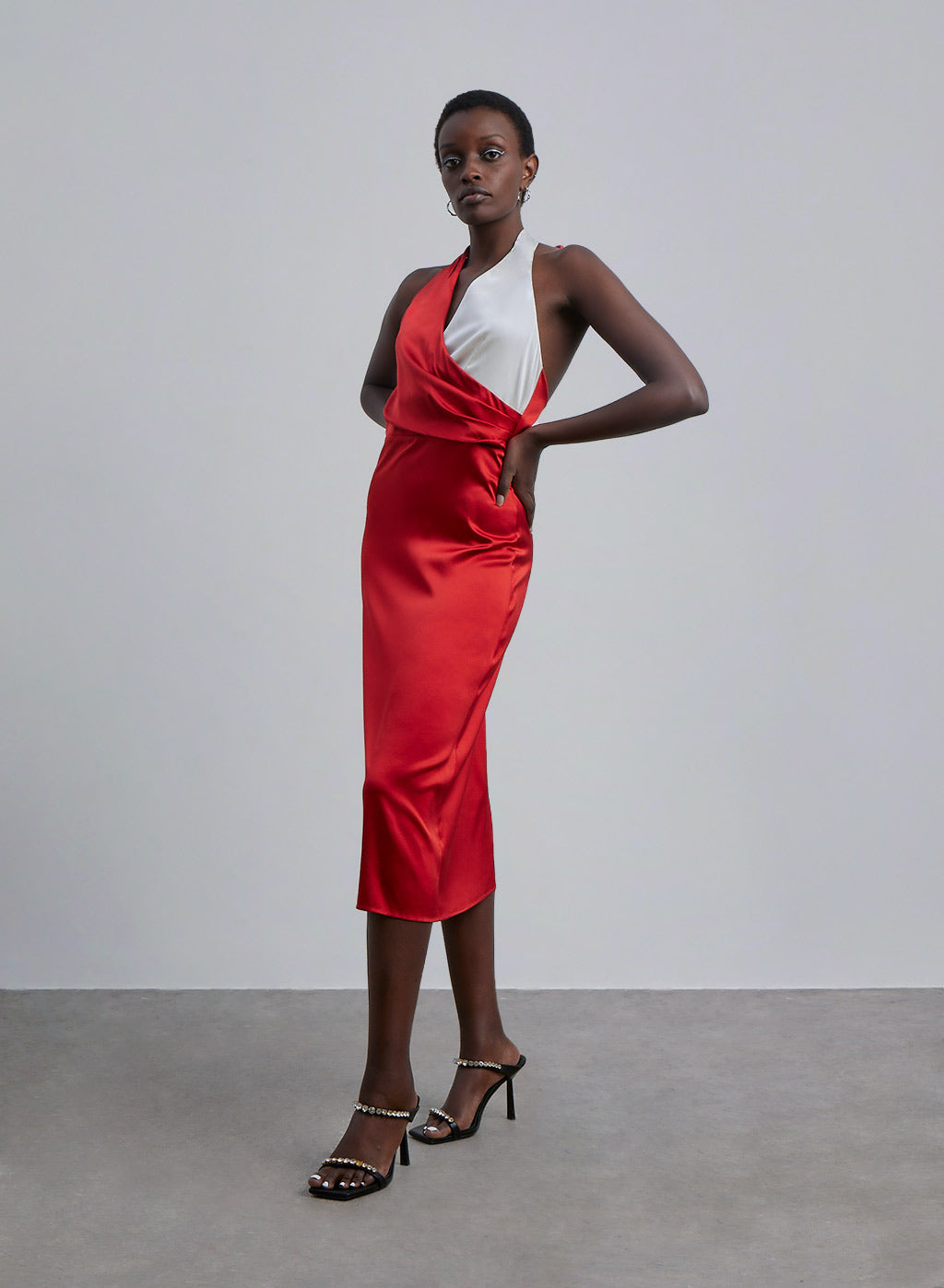 Color Block Halter Neck Silk Midi Dress