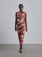 Floral Print Halter Neck Silk Midi Dress