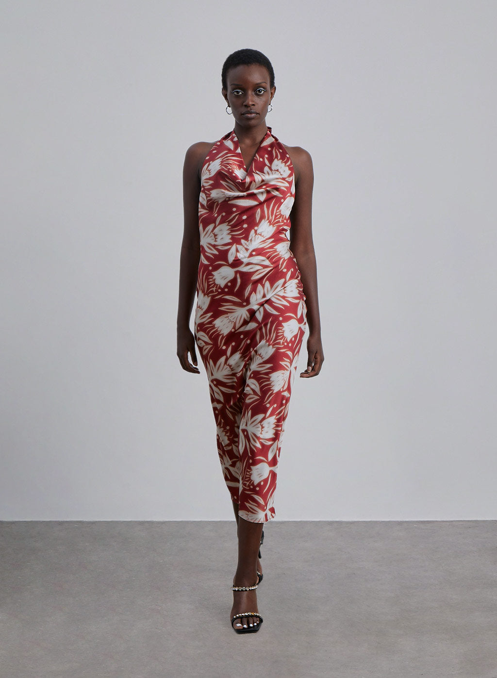 Floral Print Halter Neck Silk Midi Dress