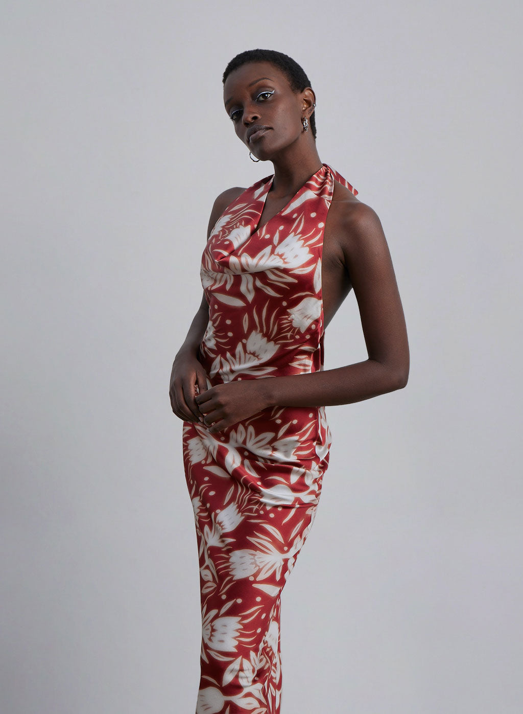 Floral Print Halter Neck Silk Midi Dress