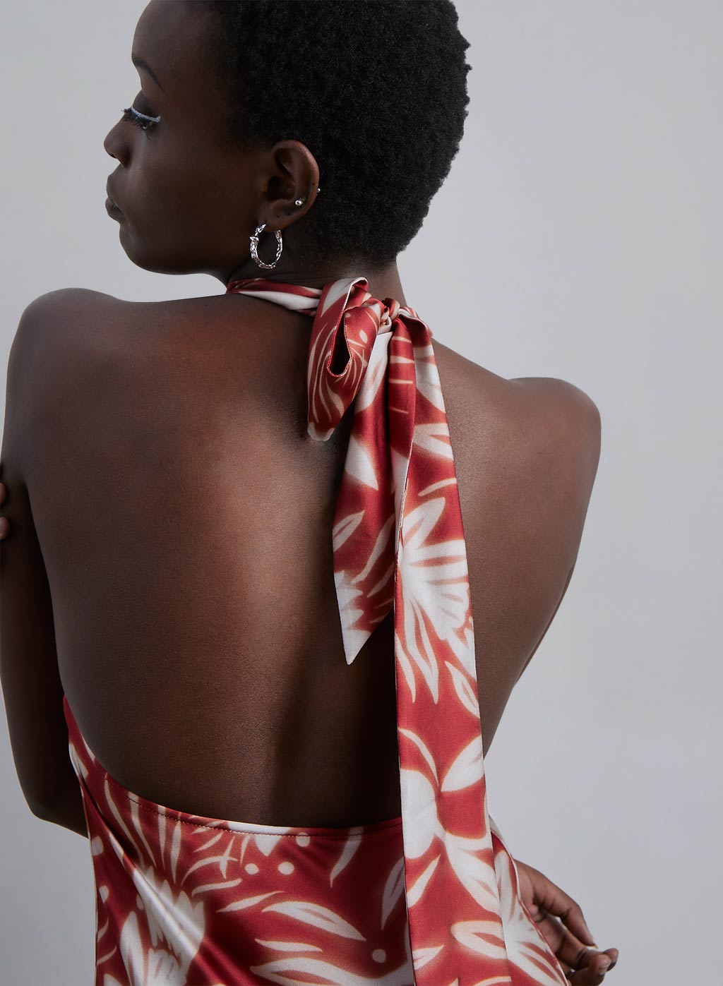 Floral Print Halter Neck Silk Midi Dress