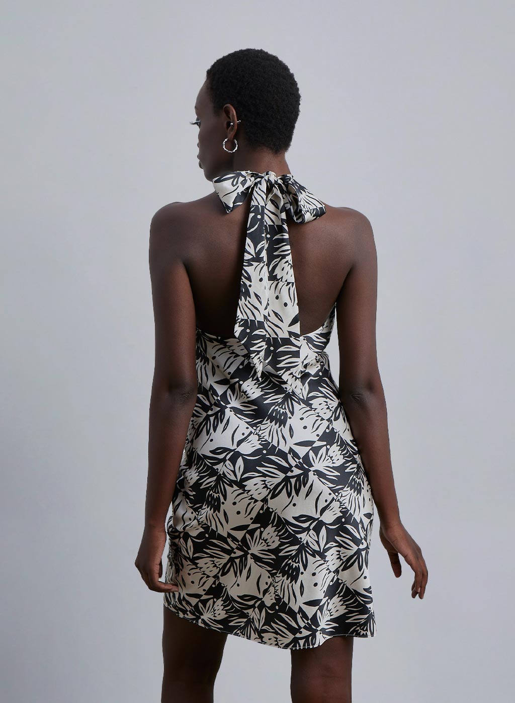 Tropical Print Halter Neck Silk Mini Dress